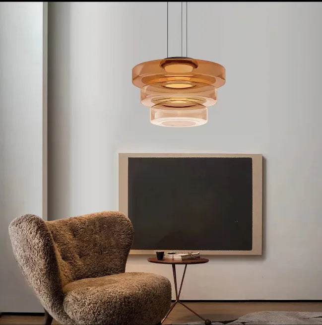 Smoked Grey Glass Tiered Disc Pendant Light, Graduated Layers, Cable Suspension, Dining Table & Kitchen Island