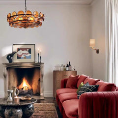 Hammered Green Glass Disc Drum Chandelier, Chain Suspended, Warm Textured Glow, Dining Room & Kitchen Island
