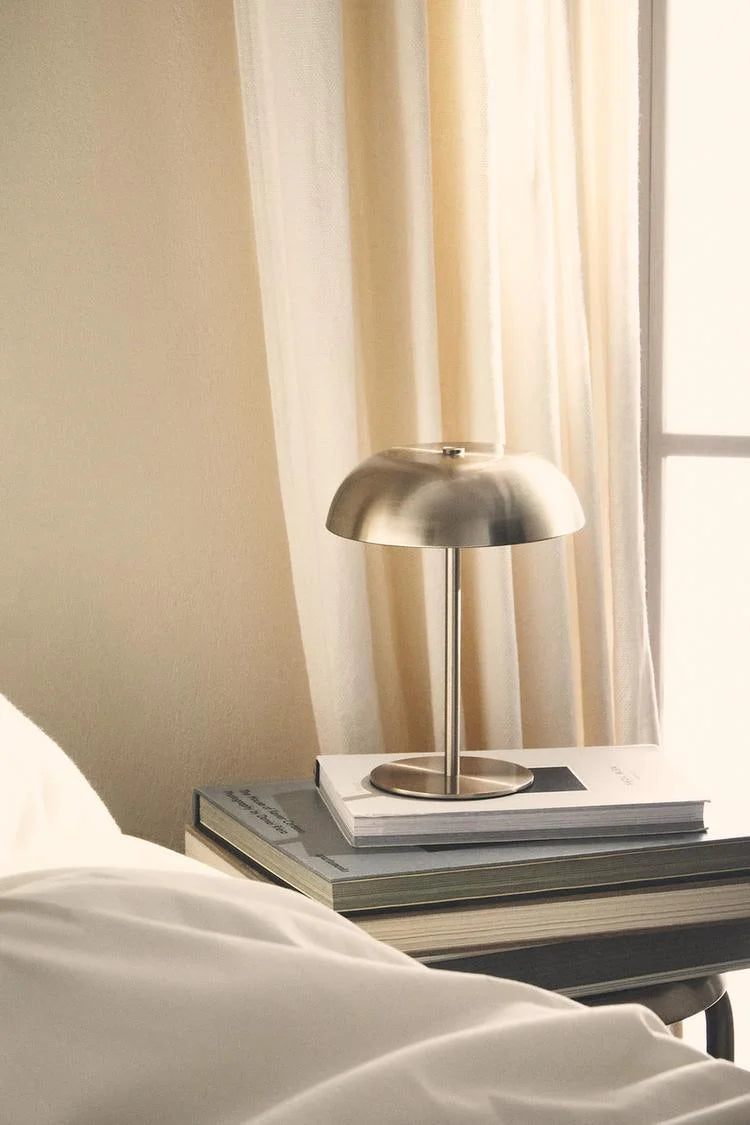 Compact Brushed Nickel Dome Table Lamp, Adjustable Warm Glow, Rechargeable USB Base, Bedside, Living Room & Home Office