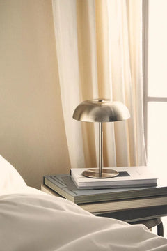 Compact Brushed Nickel Dome Table Lamp, Adjustable Warm Glow, Rechargeable USB Base, Bedside, Living Room & Home Office