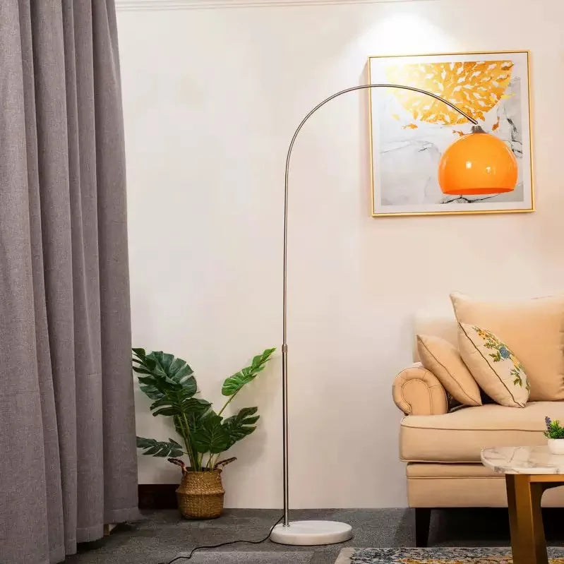 Glazed Amber Glass Dome Arc Floor Lamp, Polished Chrome Curved Pole, Round Marble Base, Living Room & Reading Corner