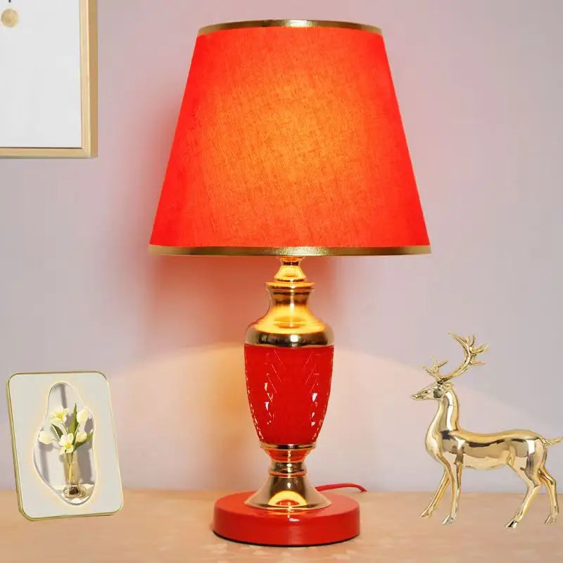 Red and Brass Table Lamp, Plain pleated fabric drum shade with a gold rim trim, Turned Brass Baluster Base, Bedside & Console