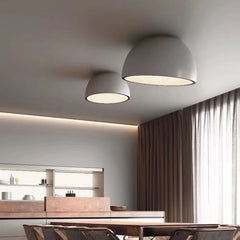 Matt Black Plaster Dome Flush Ceiling Light, Wood-Lined Interior, Angled Mount, Remote Included, 50cm, Bedroom & Living Room