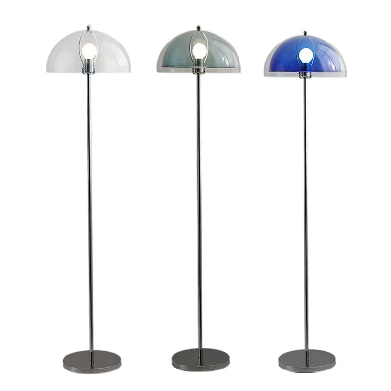 Blue Dome Floor Lamp, Mushroom Shaped Shade on a Slim Chrome Pole, Round Base, Living Room and Reading Corner