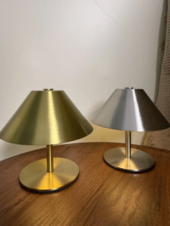 Brushed Chrome Cone Shade Table Lamp, Slim Chrome Stem, Round Disc Base, Adjustable Colour, Bedside & Home Office Desk