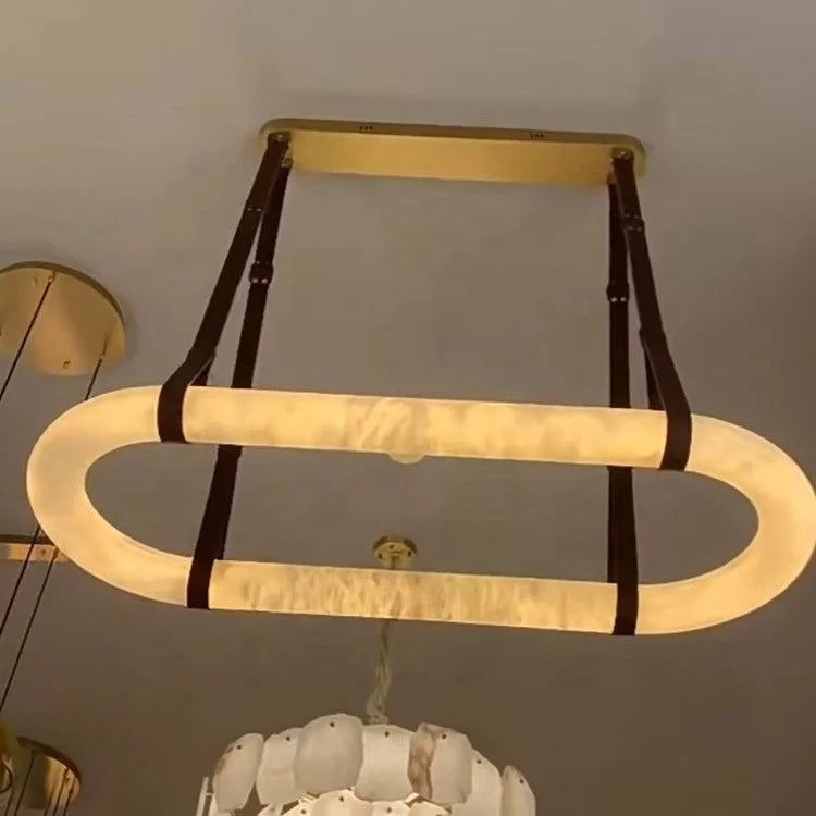 Alabaster Ring Chandelier, 100cm Oval in Natural Stone on Tan Leather Straps, Brass Canopy, Dining Table & Living Room