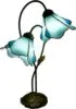 Blue Stained Glass Flower Table Lamp, Twin Trumpet Shades, Bronze Leaf Base, Bedside Table & Console Top Display