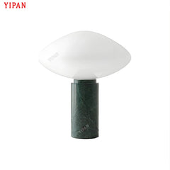 Glossy Opal Glass Dome Table Lamp, Green Marble Column Base, Rounded Mushroom Shade, 25 x 36cm, Bedside & Console Table