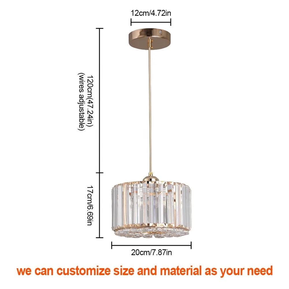 Faceted Crystal Drum Pendant Light, Black Frame with a Slim Brass Suspension Rod, Dining Table and Living Room