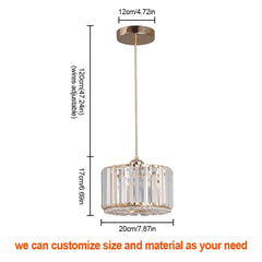 Faceted Crystal Drum Pendant Light, Black Frame with a Slim Brass Suspension Rod, Dining Table and Living Room