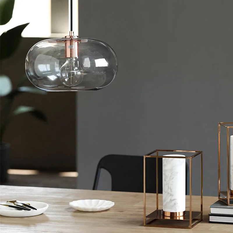 Smoked Brown Glass Ellipse Pendant Light, Rounded Drum on a Copper Cap, Bulb Not Included, Dining Table & Living Room