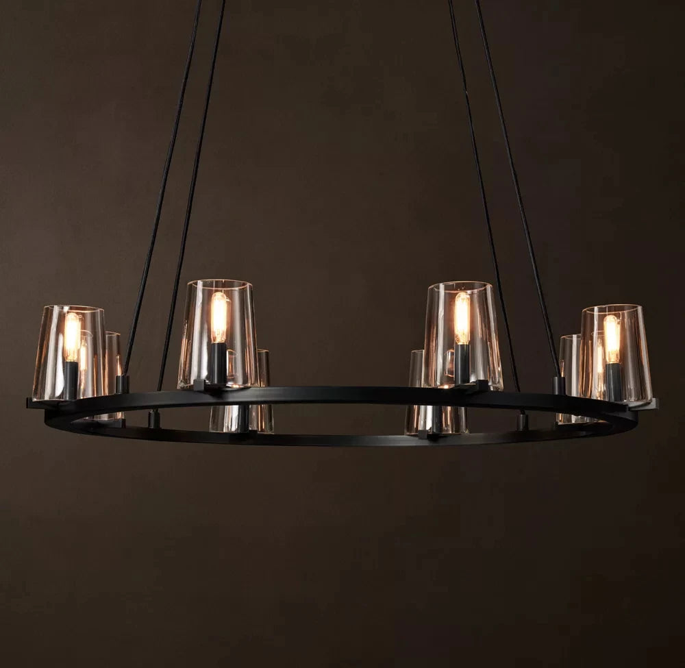 Ribbed Glass Ring Chandelier, Bronze Finish, Wide Ring Frame with Chain Suspension, Dining Room & Living Room