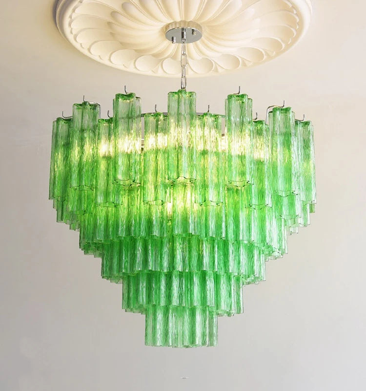 Fluted Glass Tiered Chandelier, Green Finish, Chrome Chain Suspension, 150cm Drop, Bulb Not Included, Dining Room & Living Room