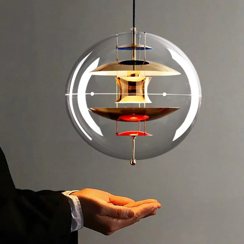 Clear Glass Sphere Pendant Light, Chrome Inner Discs with Colour Accents, Danish Design Silhouette, Dining Table