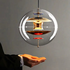 Clear Glass Sphere Pendant Light, Chrome Inner Discs with Colour Accents, Danish Design Silhouette, Dining Table