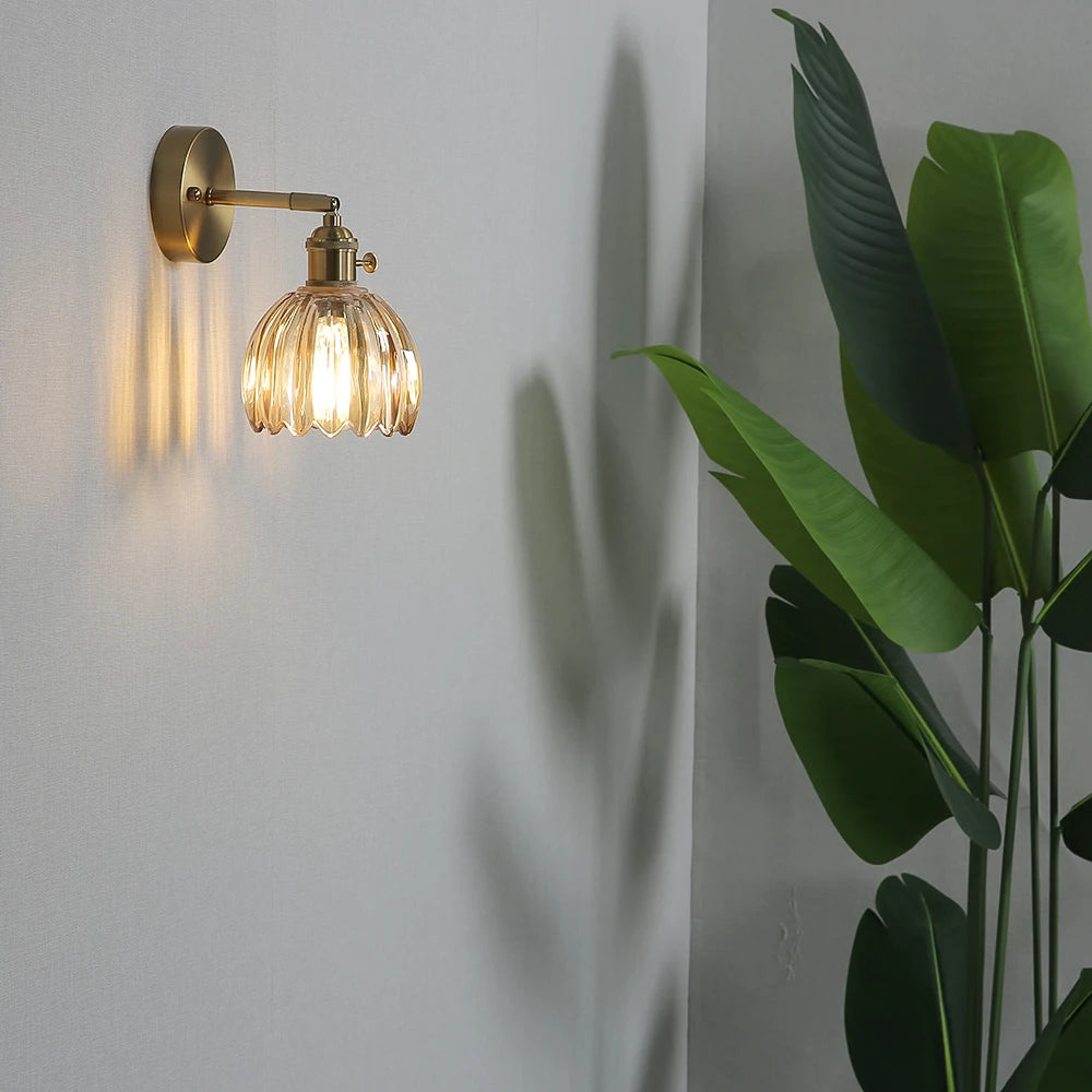 Fluted Amber Glass Bell Wall Light, Brass Arm and Round Backplate, Wide Flared Scalloped Shade, Bedside, Hallway & Living Room