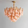 Frosted Peach Glass Tiered Petal Chandelier, 600 Frame Size, Layered Ruffled Shades, Brass Rope Wrapped Stem, Dining and Living Room
