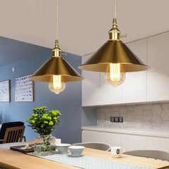 Brass Cone Pendant Light, Exposed Filament Bulb, 18cm Shade, Industrial Vintage Style, Dining Table & Home Office