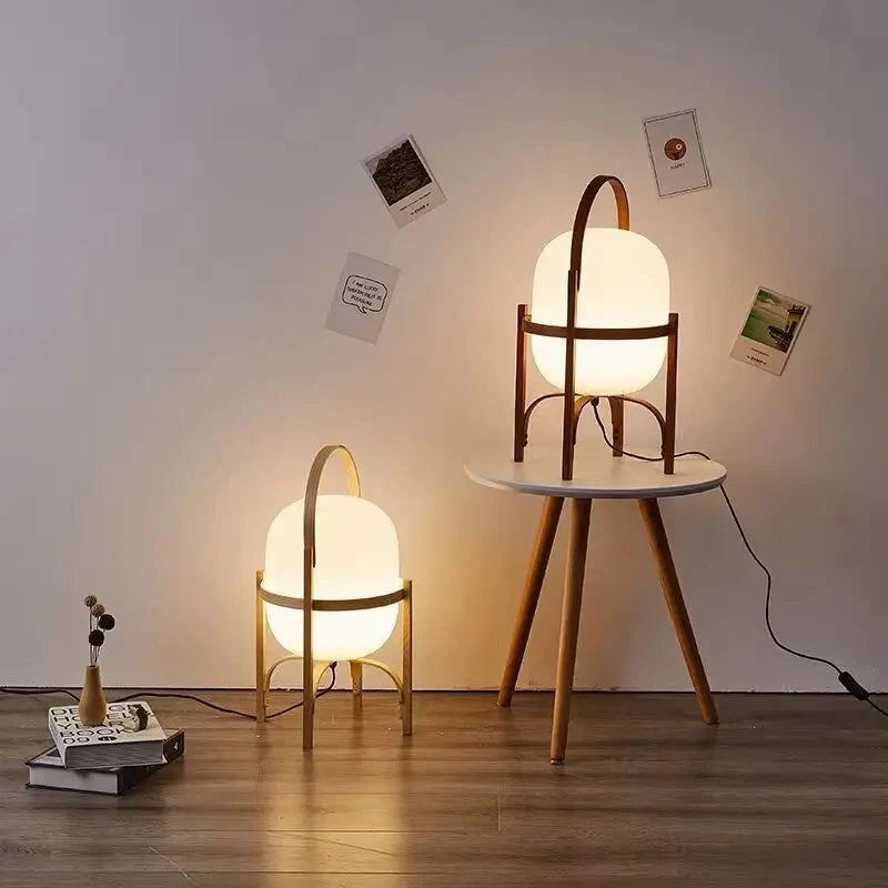 Bent Peach Frame Lantern Floor Lamp, Opal Glass Shade, Curved Carry Handle, Splayed Tripod Legs, Living Room & Bedroom
