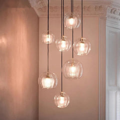 Ribbed Clear Glass Globe Pendant Light, Brass Cap on Braided Cable, 20cm, Bulb Not Included, Kitchen Island, Dining Table & Bedside