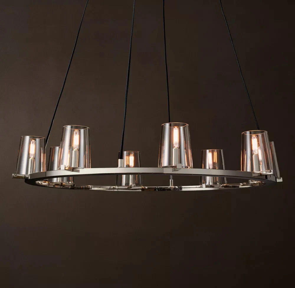 Ribbed Glass Ring Chandelier, Bronze Finish, Wide Ring Frame with Chain Suspension, Dining Room & Living Room