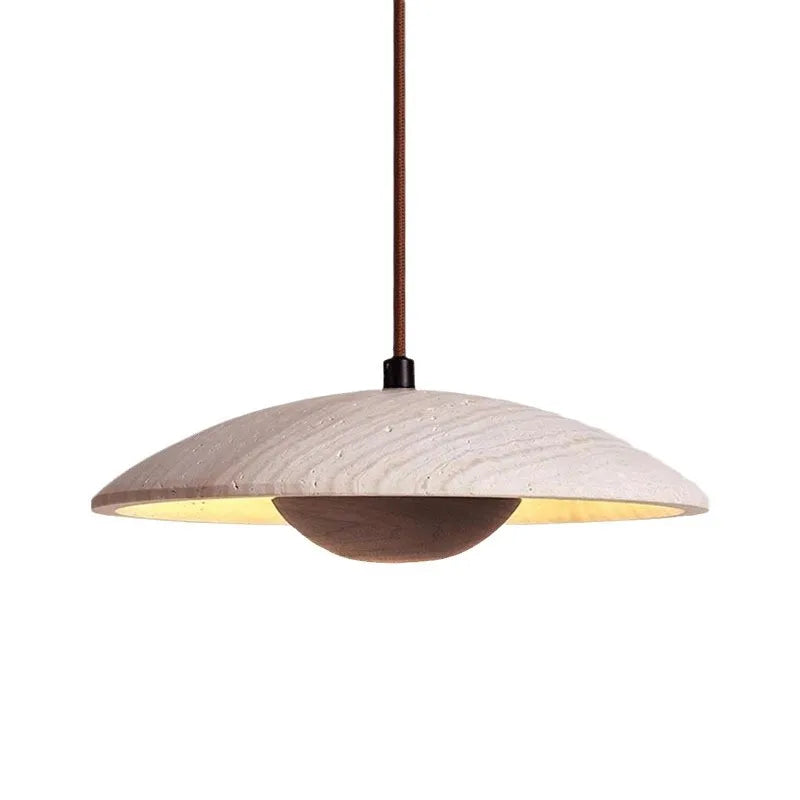Travertine Disc Pendant Light, Speckled Stone Saucer Shade, Natural Wood Connecting Collar, Bedside & Dining Table