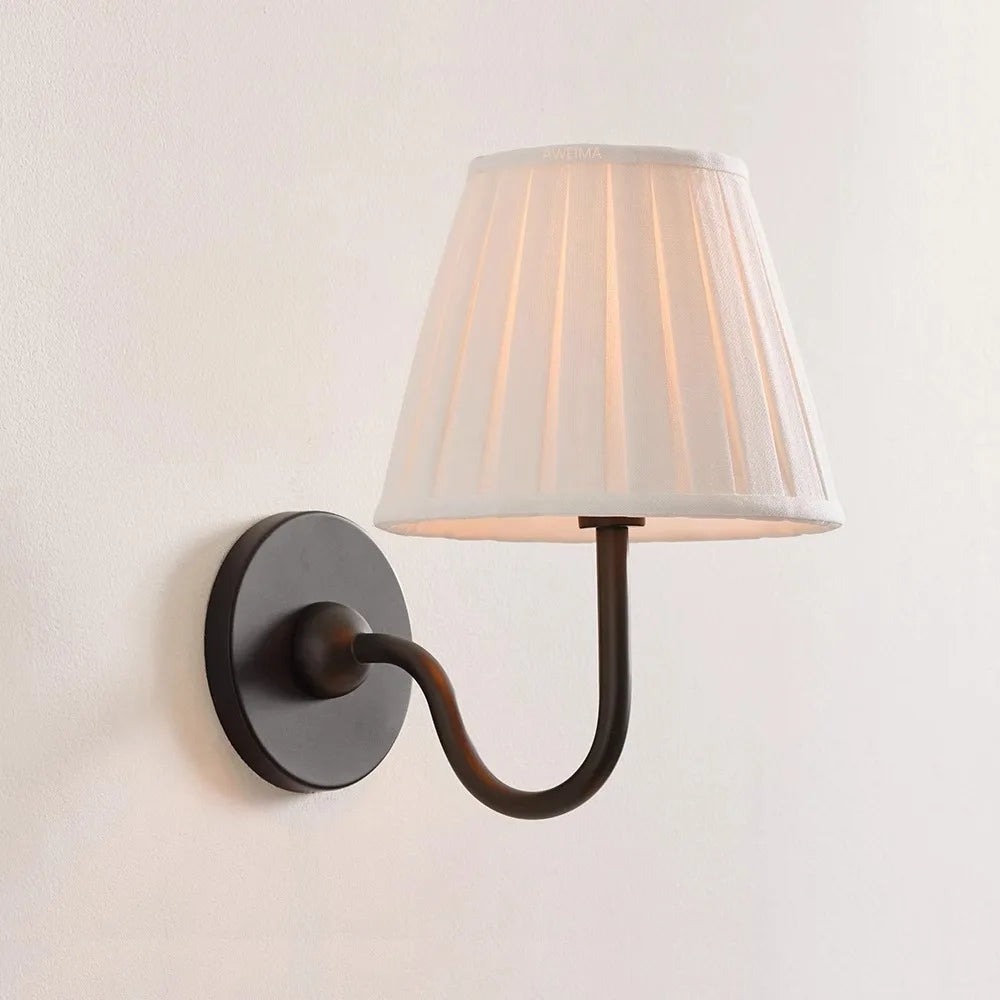 Antique Brass Wall Light, Curved Arm, Pleated Cream Fabric Shade, Also in Twin Arm, Bedroom, Bedside & Hallway