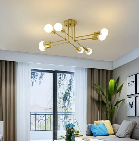 Sputnik Flush Ceiling Light, 6 Bulb Branching Arms in Black and Brass, Bare Round Bulbs, Bedroom, Hallway and Living Room