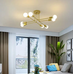 Sputnik Flush Ceiling Light, 6 Bulb Branching Arms in Black and Brass, Bare Round Bulbs, Bedroom, Hallway and Living Room