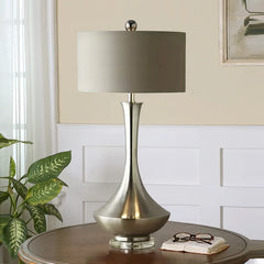 Polished Nickel Teardrop Table Lamp, 30 x 62cm, Taupe Drum Shade, Tapered Base on Crystal Foot, Bedside & Console