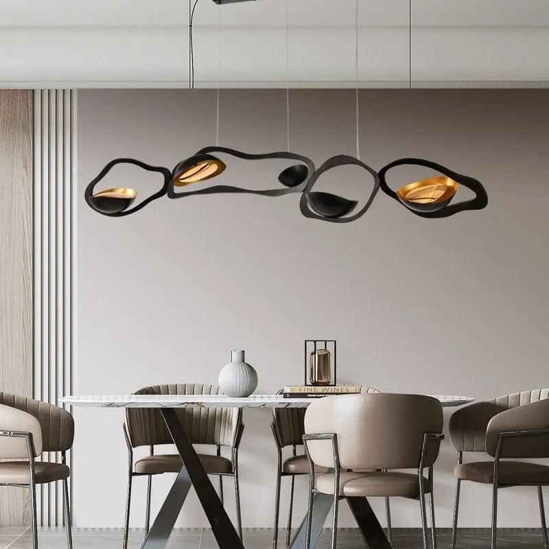 Matt Black Organic Ring Cluster Pendant Light, Brass Cup Accents, Linear Bar Mount, 200cm, Three Arrangements, Dining Table & Living Room