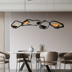 Matt Black Organic Ring Cluster Pendant Light, Brass Cup Accents, Linear Bar Mount, 200cm, Three Arrangements, Dining Table & Living Room