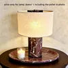 Rosso Levanto Marble Column Table Lamp, Natural Linen Drum Shade, Individually Veined Stone, Living Room, Bedroom & Console