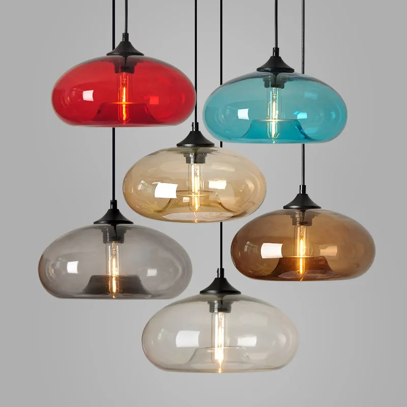 Amber Glass Disc Pendant Light, Exposed Filament Bulb, Single Drop, Bulb Not Included, Dining Table, Kitchen Island & Living Room