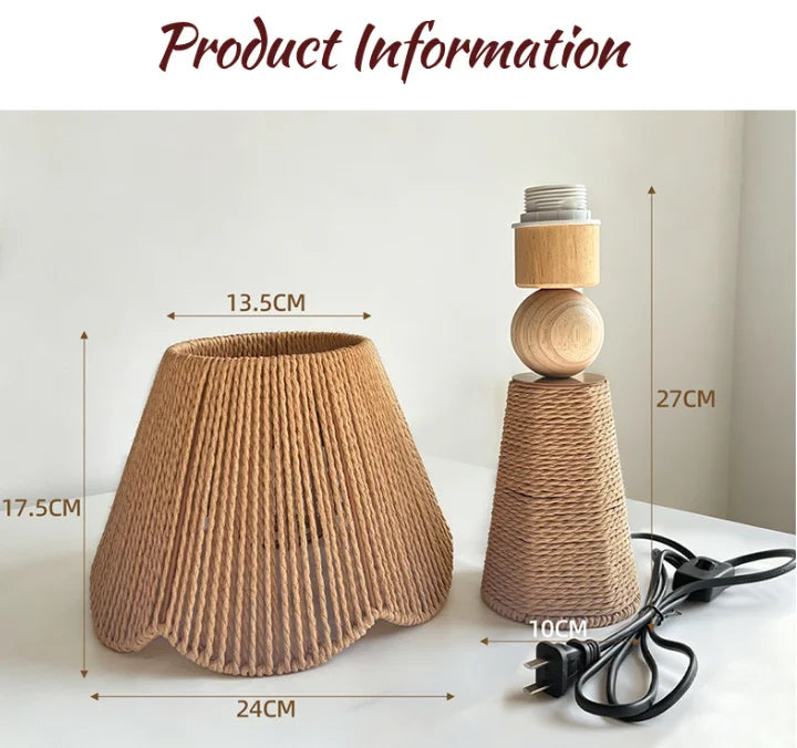 Woven Paper Rope Cone Table Lamp, Amber Finish, Turned Wood Ball Waist, Handmade Texture, Bedside, Console & Living Room