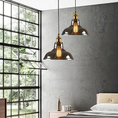 Smoked Amber Glass Cone Pendant Light, Antique Brass Holder, Exposed Lamp, Knurled Grip Band, Kitchen Island & Dining Table
