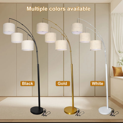 3 Light Arc Floor Lamp, Brushed Gold Frame, Natural Linen Drum Shades, Height Adjustable Pole, Living Room & Reading Corner