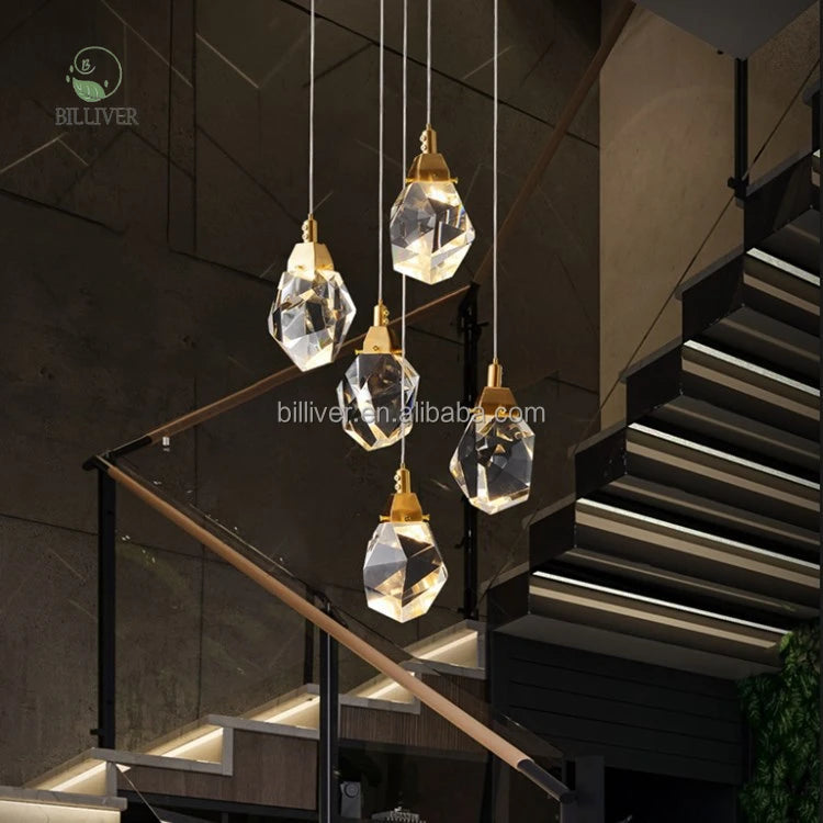 Faceted Crystal Cluster Pendant Light, 5 Heads on a Brass Canopy, 150 x 30cm, Fine Cable Suspension, Living Room & Stairwell