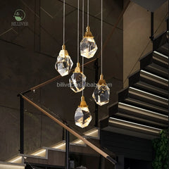 Faceted Crystal Cluster Pendant Light, 5 Heads on a Brass Canopy, 150 x 30cm, Fine Cable Suspension, Living Room & Stairwell