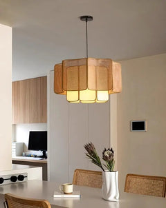 Woven Rattan Drum Pendant Light, Fan Pleated Open Weave Panels, Warm Brown Finish, Dining Table & Kitchen Island