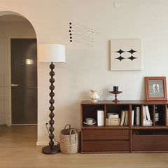 Stacked Wood Bead Column Floor Lamp, Near Black Finish, Cream Drum Shade, Living Room, Reading Corner & Bedroom