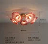 Pink Textured Flower Glass Semi Flush Ceiling Light, 5 Ruffled Petal Shades, Brass Frame, Living Room & Dining Room