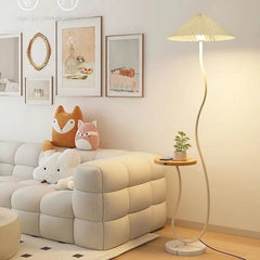Black Curved Stem Floor Lamp With Side Shelf, Low Pleated Cream Cone Shade, Marble Base, Living Room, Bedroom & Reading Corner