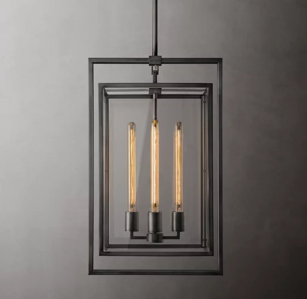 Open Cage Lantern Pendant Light, 21" Black Nested Double Frame, 3 Exposed Tube Bulbs, Hallway, Dining Table & Living Room