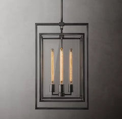 Open Cage Lantern Pendant Light, 21" Black Nested Double Frame, 3 Exposed Tube Bulbs, Hallway, Dining Table & Living Room