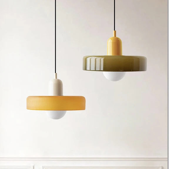 Glazed White Glass Disc Pendant Light, High Gloss Finish, Ribbed Rim Detail, 25cm, Exposed Bulb, Bedroom & Living Room