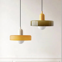 Glazed White Glass Disc Pendant Light, High Gloss Finish, Ribbed Rim Detail, 25cm, Exposed Bulb, Bedroom & Living Room