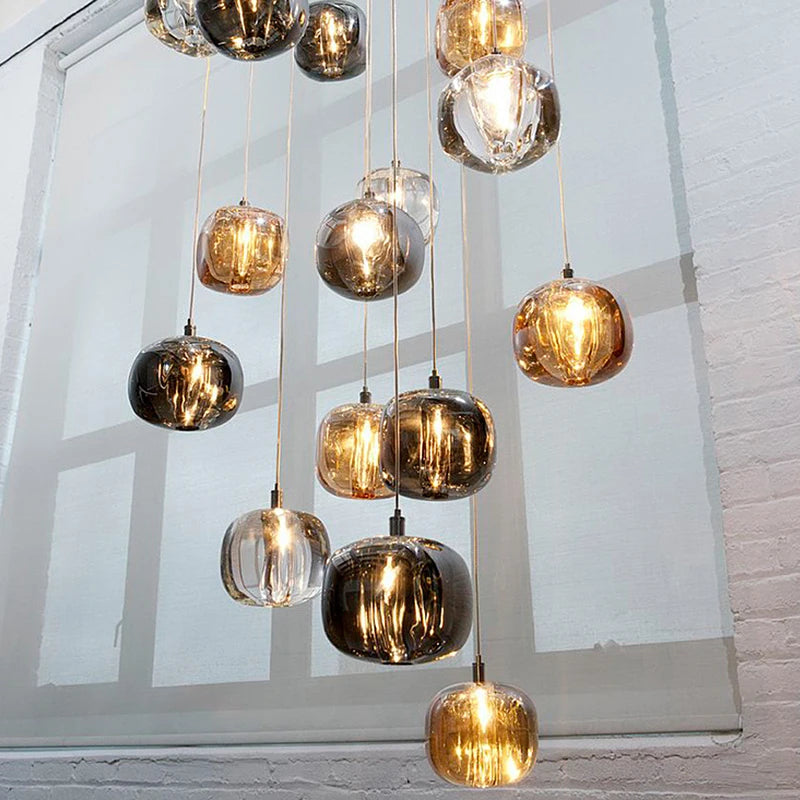Smoked and Amber Glass Cluster Pendant Light, Mini Cluster, Rounded Cushion Shades, Stairwell, Dining Room & Living Room