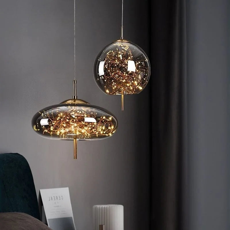 Amber Glass Linear 3-Drop Pendant Light, Warm Fairy Light Filaments, Staggered Brass Stems, Bedside & Dining Table Feature