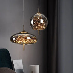 Amber Glass Linear 3-Drop Pendant Light, Warm Fairy Light Filaments, Staggered Brass Stems, Bedside & Dining Table Feature